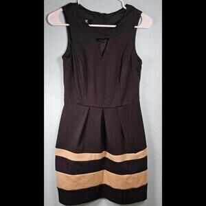 IZ Byer Black Sleeveless Keyhole Cocktail Midi Dress with Beige Stripes - Size 3